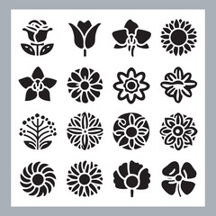 Set of logotype icons flowers Rose, Tulip, Orchid, Sunflower, Lily, Daisy, Daffodil, Jasmine, Lavender, Marigold, Peony, Chrysanthemum, Hibiscus, Poppy, Violet silhouettes in white background