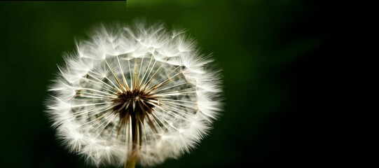 Dandelion isolated on black background. Plants close up. Beautiful shiny dew water drop on dandelion seed in nature. Closeup macro sparkling bokeh dark blue. Banner plants