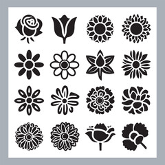 Set of logotype icons flowers Rose, Tulip, Orchid, Sunflower, Lily, Daisy, Daffodil, Jasmine, Lavender, Marigold, Peony, Chrysanthemum, Hibiscus, Poppy, Violet silhouettes in white background
