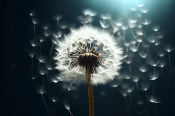 Dandelion isolated on black background. Plants close up. Beautiful shiny dew water drop on dandelion seed in nature. Closeup macro sparkling bokeh dark blue. Banner plants