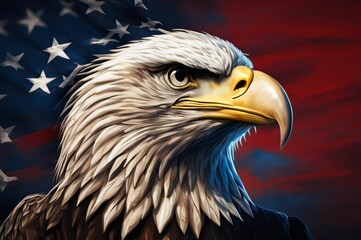 Majestic bald eagle with American flag background symbolizing freedom and pride. Celebrate 4th of July. Majestic eagle displaying strength and freedom against the iconic American flag background