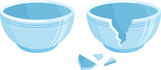Ceramic broken bowl, empty clay plate crack, cartoon dish shattered. Porcelain jar break to pieces. Blue pot whole and cracked isolated on white background. Tableware vector illustration