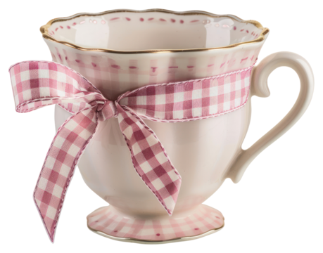 PNG  Elegant pink teacup with ribbon