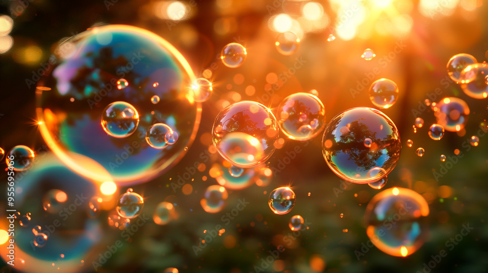Poster iridescent soap bubbles floating in the air with sunlight
