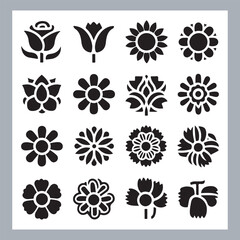 Set of logotype icons flowers Rose, Tulip, Orchid, Sunflower, Lily, Daisy, Daffodil, Jasmine, Lavender, Marigold, Peony, Chrysanthemum, Hibiscus, Poppy, Violet silhouettes in white background