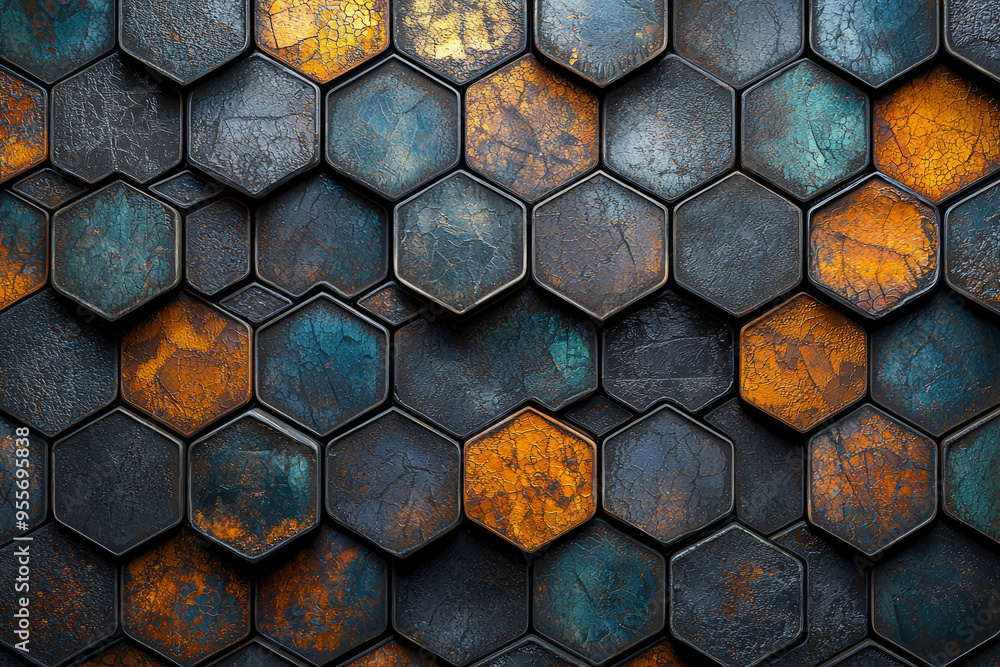 Wall mural an intricate mosaic made from various polygons such as hexagons and pentagons, creating a visually e