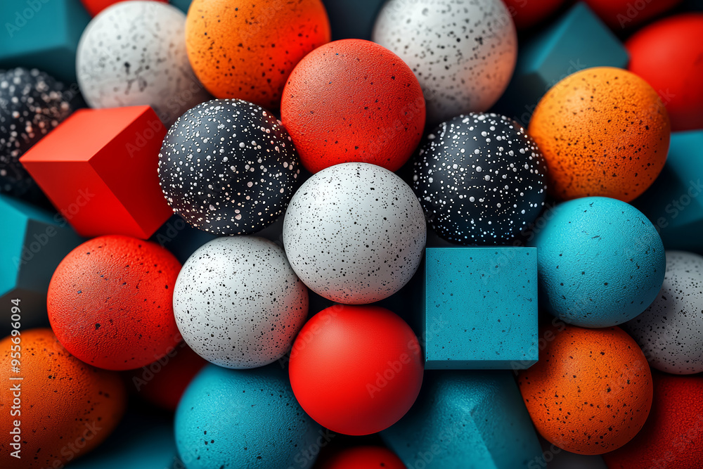 Poster an arrangement of cubes and spheres stacked together, depicting how different shapes can be combined