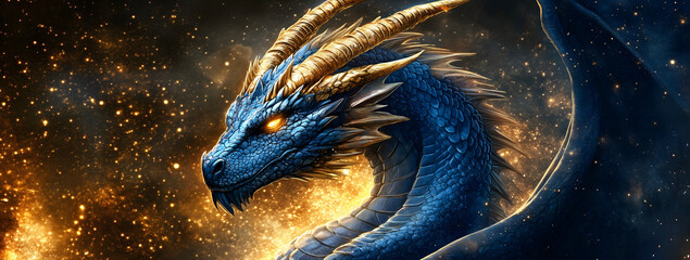 Blue dragon with golden horns close-up of head glowing eyes background in space fantasy style