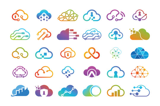 Set of cloud tech logo. Cloud hosting logo design.