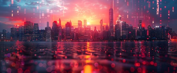 Fototapeta premium City skyline at sunset with digital rain.