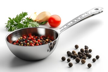 A measuring cup filled with peppercorns, showcasing precision in cooking and baking.