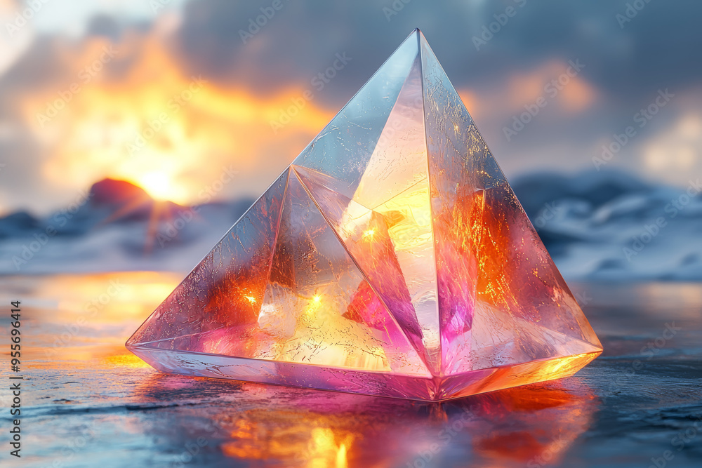 Poster a transparent tetrahedron with edges and vertices highlighted, depicting the simplest three-dimensio