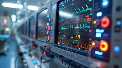 Fototapeta premium Close-up view of medical monitors with vital signs displayed on the screen.