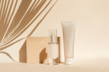 tube with serum, bottle with lotion, perfume. close up cosmetic product against beige background. cosmetics. product photography. AI Generated	