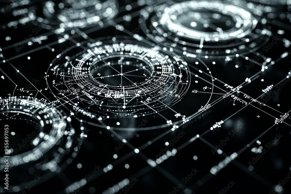 Poster a set of coordinate planes with intersecting lines forming various geometric angles and shapes, illu