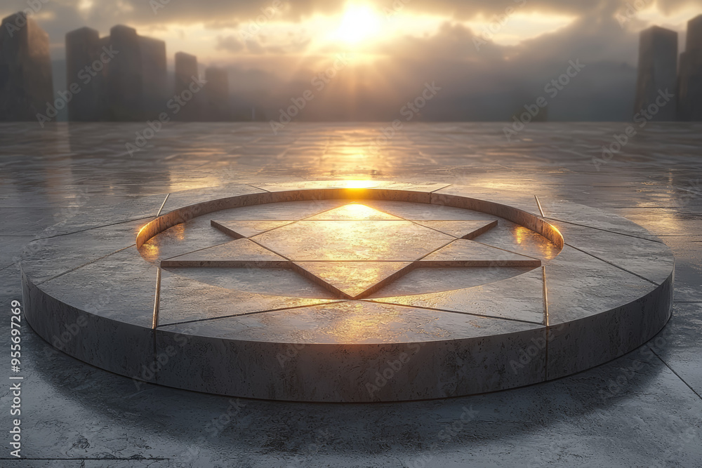 Poster a representation of a pentagon inscribed in a circle, demonstrating the geometric relationship betwe