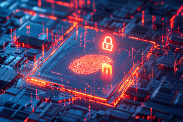 Futuristic digital fingerprint scanner with glowing padlock symbol representing cybersecurity, data protection, and secure technology system