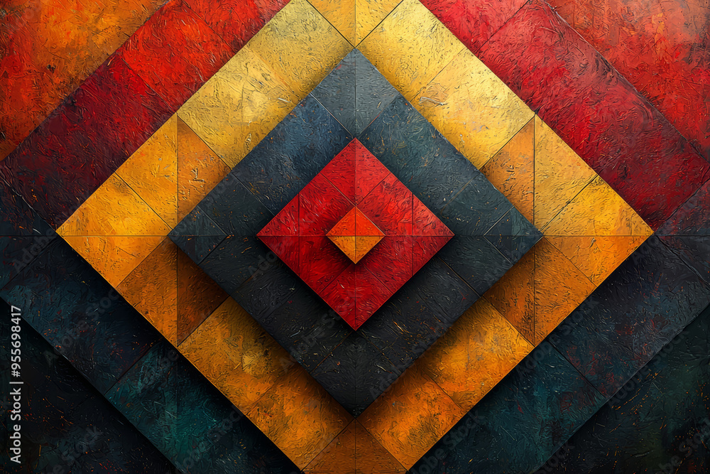 Poster a colorful pattern of rotated squares forming a quilt-like design, showcasing symmetry and rotationa