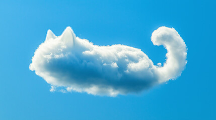 A fluffy white cloud shaped like a cat against a bright blue sky.
