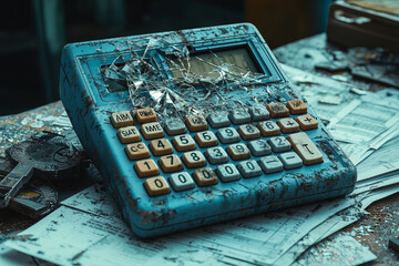 A broken calculator with shattered keys next to a pile of financial reports, symbolizing the frustration of dealing with financial issues.