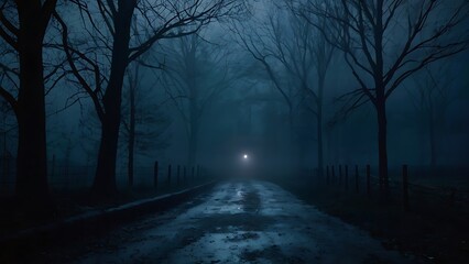 Dark forest landscape view spooky night under blue moonlight, scary scene old road in jungle
