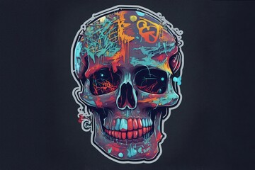 Sticker skull in graffiti style. T-shirt sticker with a skull image. Skull cracked with paint. Mockup template tattoo with skull