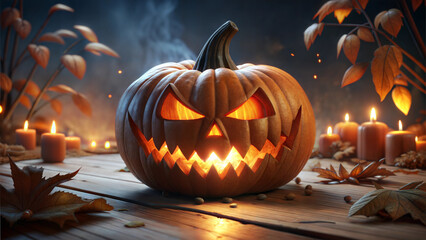 Fototapeta premium Glowing Jack-O'-Lantern Surrounded by Autumn Leaves and Candles for Halloween