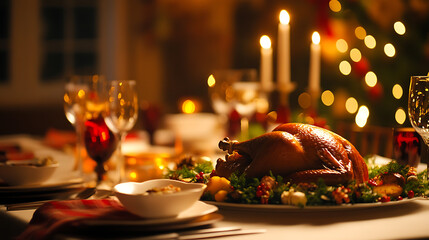 A roasted turkey sits on a festive table setting, surrounded by candles and Christmas lights. The image captures the warmth and joy of a holiday gathering.