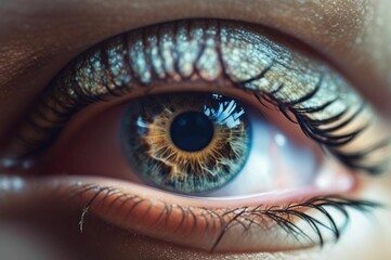 Blue with brown beautiful eye of young woman close up. Psychotherapist close-up. Hyper real. Closeup shot of eye with mild blue color. Concept of eye laser surgery. Eye medicial procedure