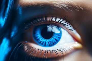 Fototapeta premium Blue beautiful eye of young woman close up. Psychotherapist close-up. Hyper real. Closeup shot of eye with mild blue color. Concept of eye laser surgery. Eye medicial procedure