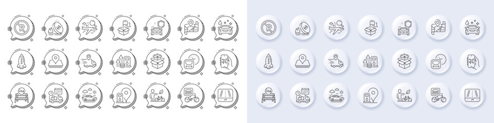 Car travel, Flight mode and Petrol station line icons. White pin 3d buttons, chat bubbles icons. Pack of Search flight, Pin, Packing boxes icon. No parking, Metro, Gps pictogram. Vector