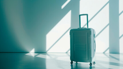 Obraz premium The suitcase stands unused in a well-lit room, with sunlight casting geometric shadows on the wall, suggesting anticipation of travel or adventure ahead