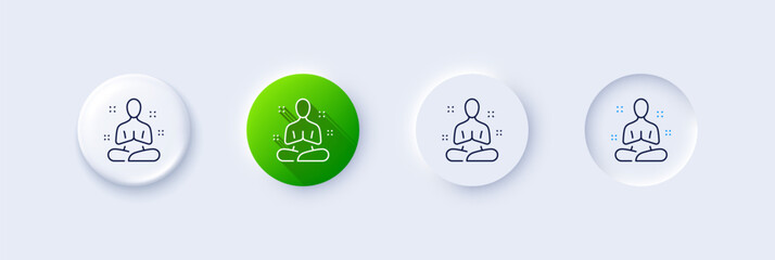 Yoga line icon. Neumorphic, Green gradient, 3d pin buttons. Meditation pose sign. Relax body and mind symbol. Line icons. Neumorphic buttons with outline signs. Vector