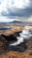 A stunning view of a volcanic landscape features steam rising from vents against a backdrop of mountains beneath a cloudy sky