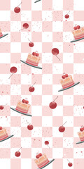 Vector pattern illustration with checkered background and randomly scattered pieces of pie.