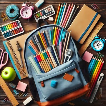 Mochila llena de &uacute;tiles escolares coloridos, perfecta para ilustrar conceptos de educaci&oacute;n y regreso a clases.