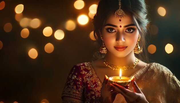 Elegant indian woman in traditional attire holding a candle for diwali festival celebration