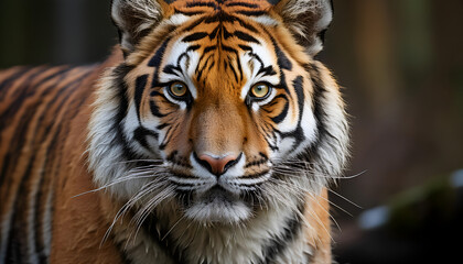 Fototapeta premium A close-up view of a majestic tiger in its natural habitat, showcasing its striking fur pattern and intense gaze during the golden hour