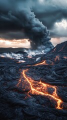 Fototapeta premium A striking volcanic landscape features glowing lava flows and dark smoke against a dusk sky, showcasing nature's raw power and beauty