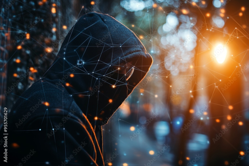 Poster masked criminals in hoods hacking cyber data on computers a look at digital security threats