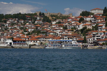 Fototapeta premium Lake Ohrid with Tsar Samuel's Fortress Overlooking the Historic City of Ohrid in North Macedonia