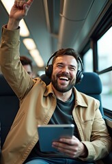 A smiling man wearing headphones and holding a tablet, pointing upwards while traveling on a train, representing travel, technology, and enjoying a digital lifestyle on the go.

