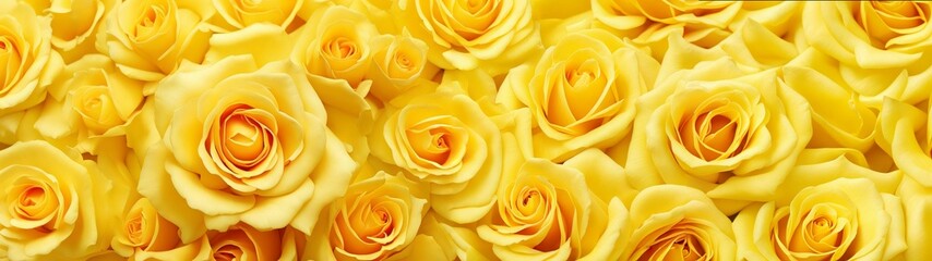 Floral background with yellow roses top view. Beautiful yellow rose close up. Macro rose. Panorama. Banner