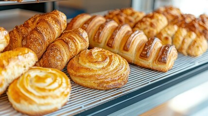 Freshly baked pastries in a bakery display, Monday morning, delicious start to the day