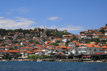 Fototapeta premium Lake Ohrid with Tsar Samuel's Fortress Overlooking the Historic City of Ohrid in North Macedonia