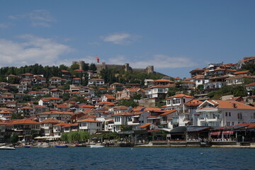Fototapeta premium Lake Ohrid with Tsar Samuel's Fortress Overlooking the Historic City of Ohrid in North Macedonia