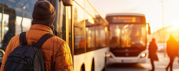 People boarding a bus with morning sunlight, Monday morning, commuting and routine