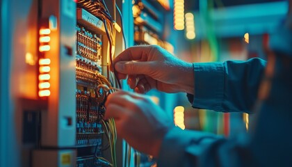 Close up of engineer inspecting voltage levels at circuit breaker in power distribution board