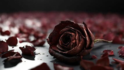 Dried red rose flower pattern which has withered or lacks water botanical background. An old dry rose with crumbs from dry petals. Dried Rosebuds. Panorama. Banner. Space for text and design