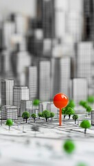 Urban planning design with red pin, modern buildings, and green spaces featuring trees and bushes.